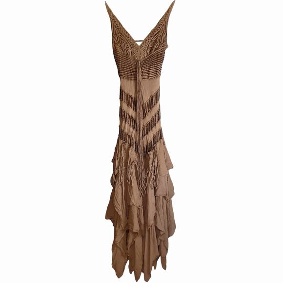 Vintage Y2k Silk Nina Austin Brown Handkerchief Hem Fairycore Boho Dress - XS - Picture 1 of 11